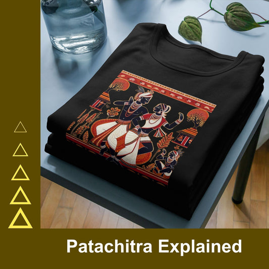 Patachitra Explained – Traditional Indian storytelling art on a black T-shirt.