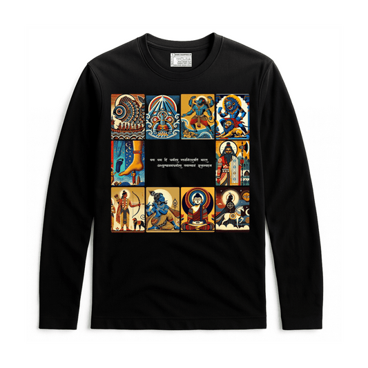 Patachitra T-Shirt - Dashavatar features vibrant illustrations of Vishnu's 10 avatars on a black full sleeves cotton tee. Ideal for spiritual fashion lovers.