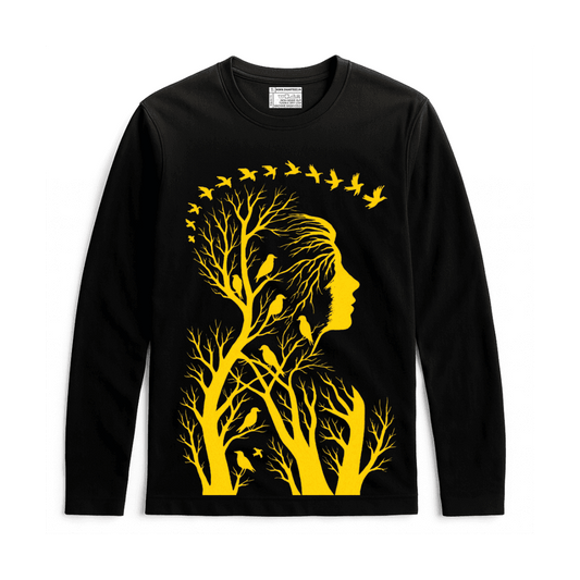Nature Within T-Shirt - Unisex Graphic in black with yellow silhouette of a woman’s face and birds in tree branches. 100% cotton full sleeves tee.