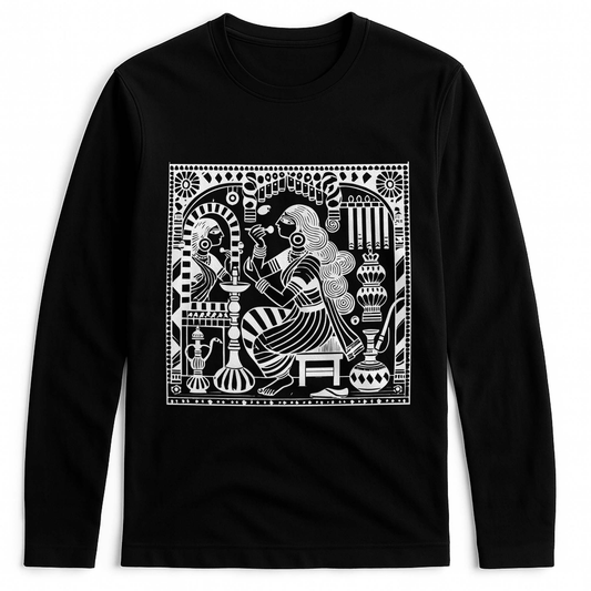 Kalighat Patachitra T-Shirt featuring intricate white Bengali folk art of a woman at her vanity on black cotton fabric. Full sleeves, 180 GSM fit.