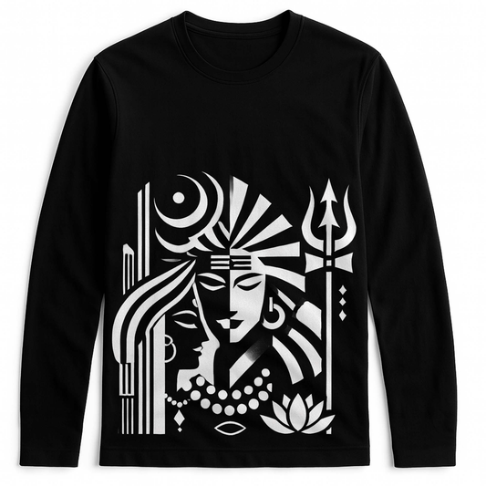 Unisex Shiva-Shakti shirt featuring bold black and white graphic of divine figures with trident and lotus on full sleeves cotton t-shirt.