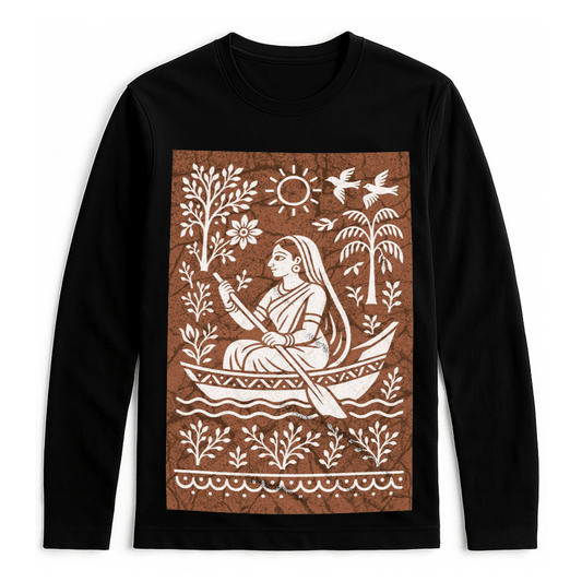 Bengali Boatwoman Shirt with batik-style folk art print on black full sleeves cotton t-shirt. Features traditional river scene in white on brown.