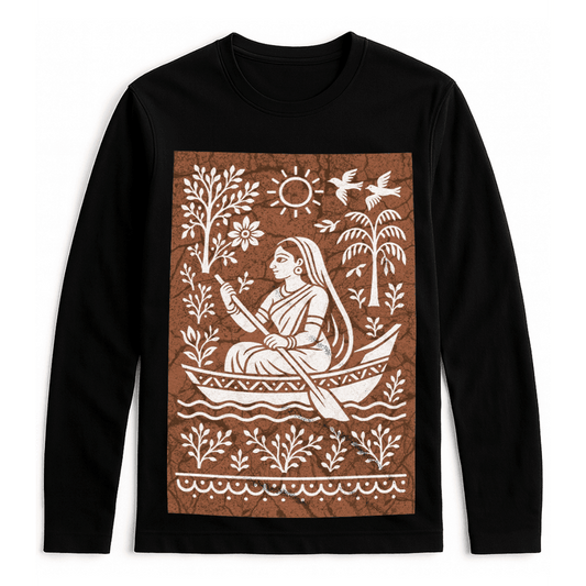 Bengali Boatwoman Shirt with batik-style folk art print on black full sleeves cotton t-shirt. Features traditional river scene in white on brown.
