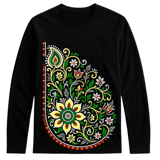 Unisex full sleeves cotton t-shirt with vibrant floral paisley graphic in green, yellow, and red. Stylish apparel for casual and artistic fashion.