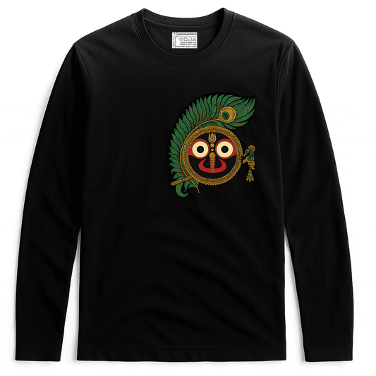 Rath Yatra T-Shirt - Jagannath design with peacock feather and flute on black full sleeves cotton top, perfect for spiritual celebrations.