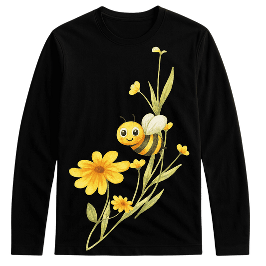 Graphic full sleeves tshirt in black with a cheerful bee and yellow floral nature art by Bloom & Bumblebee, made from premium cotton.