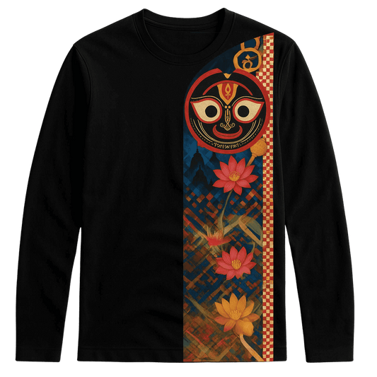 Jagannath T-shirt - Sacred Lotus Design | Rath Yatra Tee featuring full sleeves and a vibrant vertical lotus trail with spiritual motifs on black fabric.