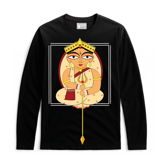 Uma Spiritual T-shirt - Bengali Heritage design featuring Goddess Uma in traditional artwork on a black unisex full sleeves 100% cotton tee.