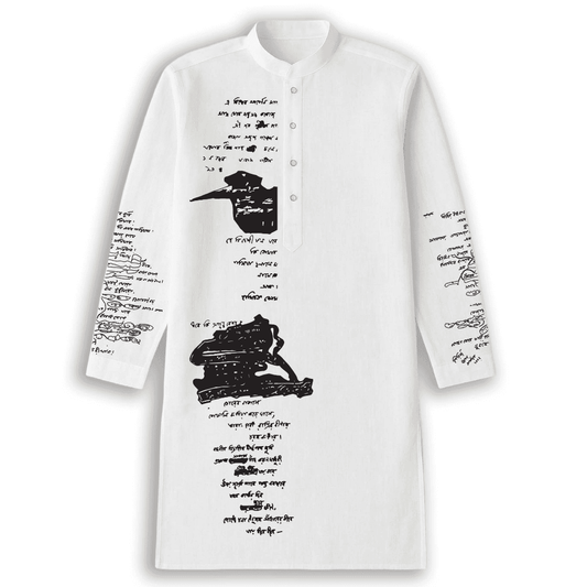 White Cotton Panjabi featuring Rabindranath Tagore's handwritten manuscript prints in black, ideal for Bengali cultural wear and festive occasions.