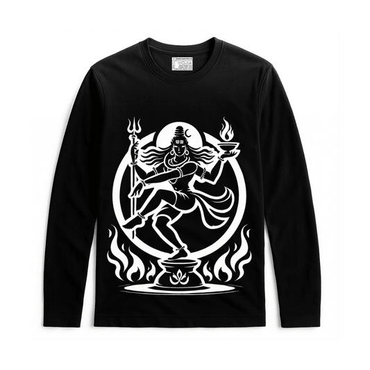 Nataraja T-Shirt - Cosmic Dance design in white on black full sleeves cotton tee. Features iconic Lord Shiva artwork for men and women.