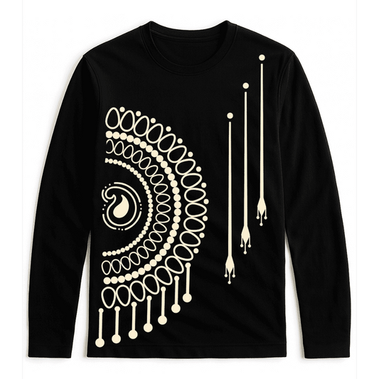Mandala T-Shirt - Bengali Art Unisex in black with intricate Alpona design in maroon. Full sleeves, premium cotton, ideal for cultural fashion lovers.