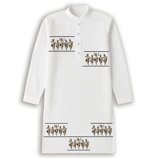 White cotton kurta for men with tribal dance ethnic print, featuring folk art motifs across chest, side, and hem for festive ethnic wear.