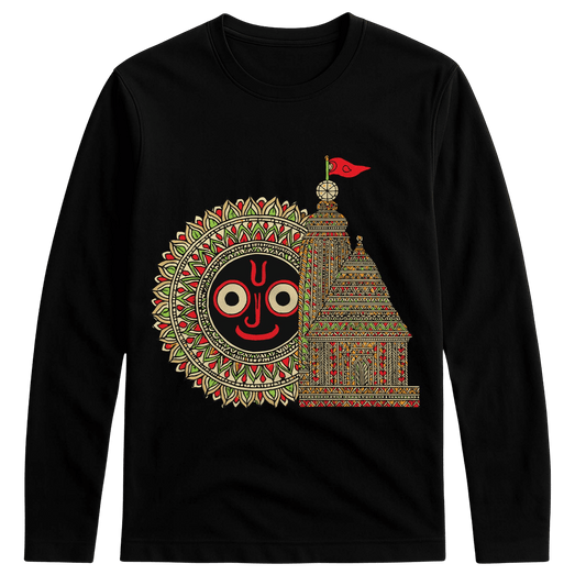 Puri Jagannath Temple T-Shirt - Full Sleeve featuring intricate Rath Yatra heritage design with temple and deity artwork in red and gold tones.