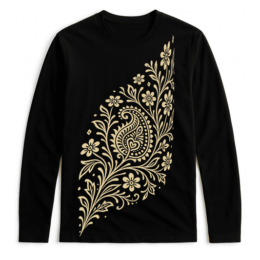 Alpona Grace Bengali full sleeve t-shirt in black with intricate floral Alpona design in beige. Unisex cotton tee celebrating Bengali tradition.