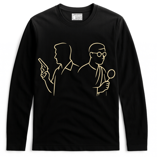 Feluda Byomkesh T-Shirt - Satyajit Ray Tribute in black cotton with minimalist line art of iconic Bengali detectives holding a gun and magnifying glass.
