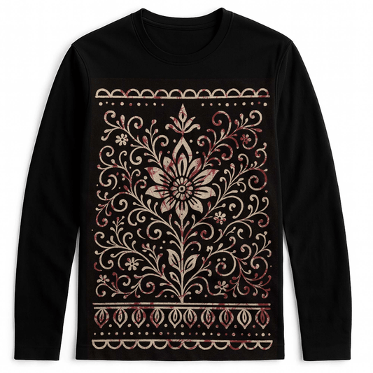 Bengali Alpona Art T-Shirt with intricate floral folk design in beige and maroon on black cotton fabric. Unisex full sleeves ethnic wear.
