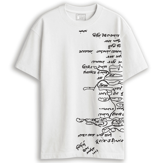 White Rabindra Tagore Scribble Art T-Shirt featuring Bengali handwritten typography in oversized unisex cotton fit, ideal for art lovers.