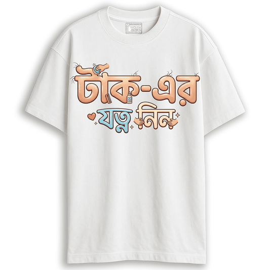 White Smarteez oversized 220 GSM t-shirt featuring "Taak-er Jotno Nin" funny Bengali typography. The design shows skin-textured letters for the word "Taak" being pampered by small illustrated hands with a comb and oil bottle, celebrating baldness humor and self-care.