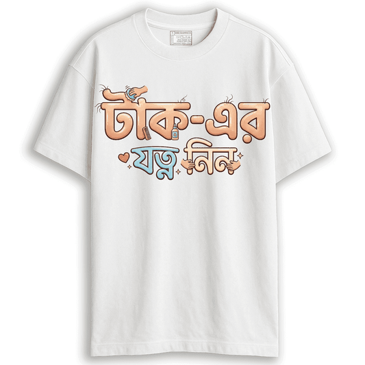 White Smarteez oversized 220 GSM t-shirt featuring "Taak-er Jotno Nin" funny Bengali typography. The design shows skin-textured letters for the word "Taak" being pampered by small illustrated hands with a comb and oil bottle, celebrating baldness humor and self-care.