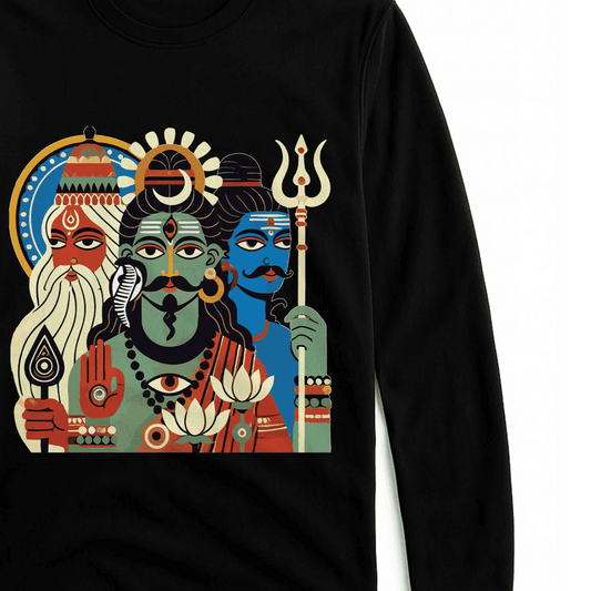Tridev Bengali Heritage T-shirt - Patachitra Full Sleeves features Brahma, Vishnu, and Mahesh in vibrant folk art on black cotton fabric. Unisex spiritual wear.