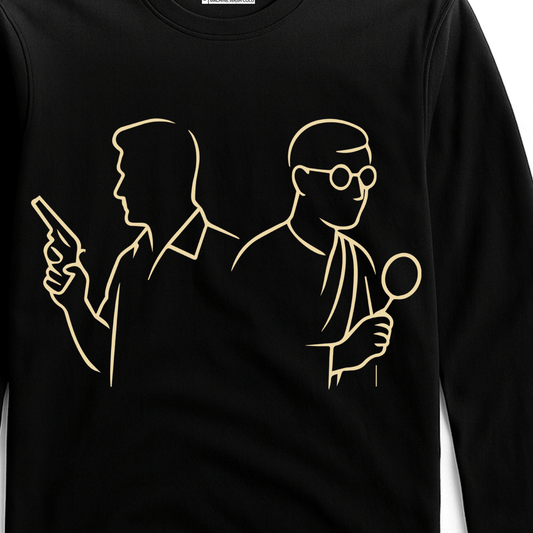 Feluda Byomkesh T-Shirt - Satyajit Ray Tribute in black cotton with minimalist line art of iconic Bengali detectives holding a gun and magnifying glass.