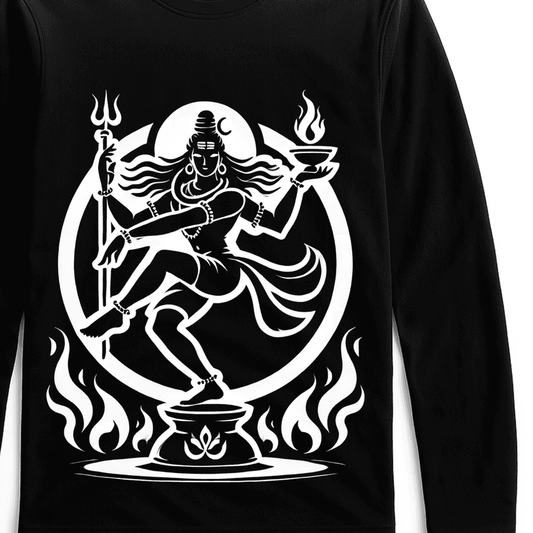 Nataraja T-Shirt - Cosmic Dance design in white on black full sleeves cotton tee. Features Lord Shiva in dynamic pose with flames, ideal for men and women.