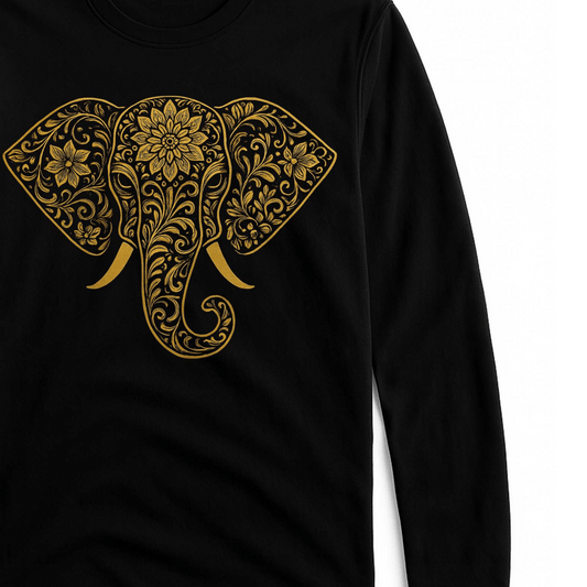 Classic Black T-Shirt - Elephant Print Gold features an intricate gold elephant head design on a unisex full sleeves black cotton tee. Ideal for artistic streetwear.