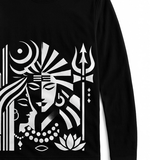 Unisex Shiva-Shakti shirt featuring bold white graphic of divine couple with trident and lotus on black full sleeves cotton T-shirt. Ideal for spiritual wear.