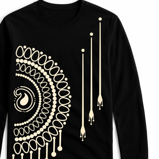 Mandala T-Shirt - Bengali Art Unisex in black with intricate maroon Alpona design on full sleeves. Made from 100% premium cotton for durability.