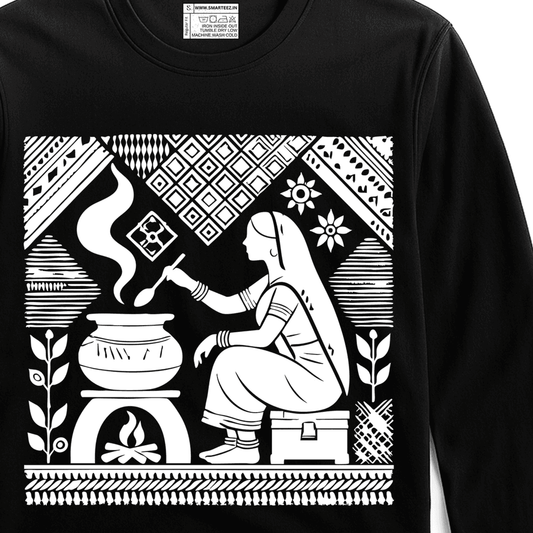 Tagore Art T-Shirt - Rabindranath design featuring a homemaker cooking over a fire, printed on a black unisex full sleeves cotton tee. Ideal for art lovers.