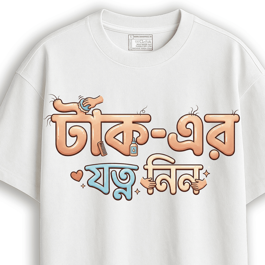 Bengali humorous oversized T-shirt with playful text and grooming illustrations