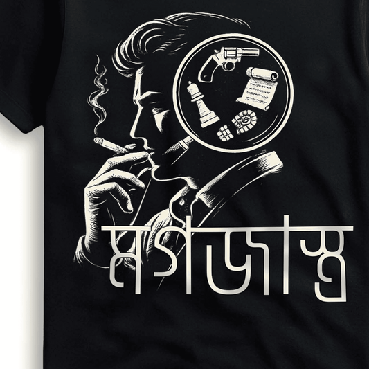 Magajastra Feluda Reimagined T-shirt features a monochrome graphic of a detective smoking, with crime-solving tools in his mind and Bengali typography below.