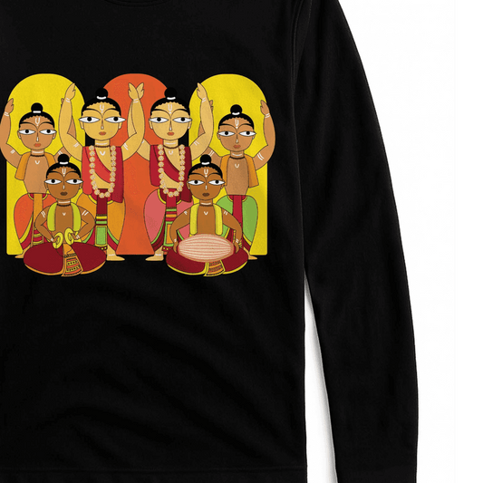 Hare Krishna Unisex Tee features vibrant Sankirtan artwork with full sleeves, ideal for spiritual gatherings or casual devotional wear.