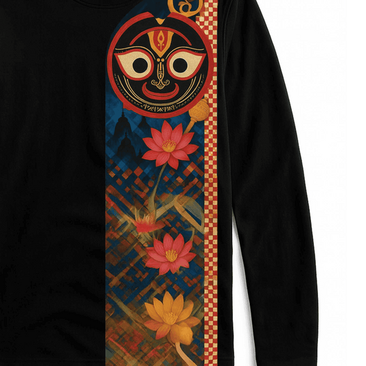 Jagannath T-shirt - Sacred Lotus Design | Rath Yatra Tee featuring Lord Jagannath face and vibrant lotus flowers on a black full sleeves shirt.