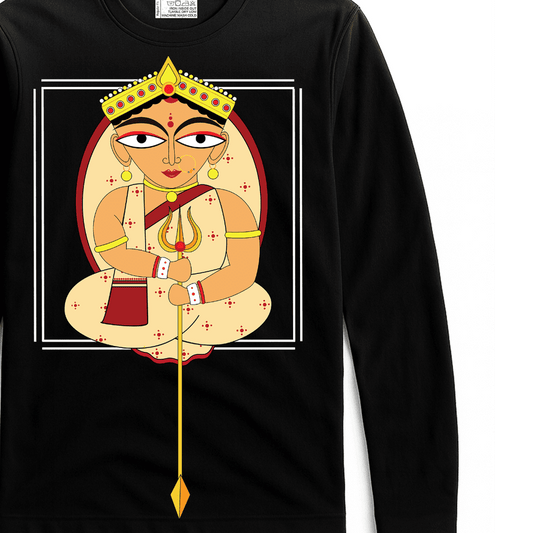 Uma Spiritual T-shirt - Bengali Heritage design featuring Goddess Uma in vibrant colors on a black unisex full sleeves 100% cotton top. Ideal for showcasing cultural pride and comfort in religious apparel.