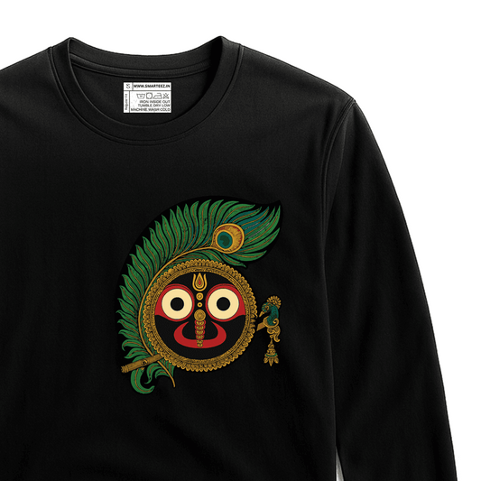 Rath Yatra T-Shirt - Jagannath design with peacock feather and flute on black full sleeves tee, perfect for spiritual and festive wear.