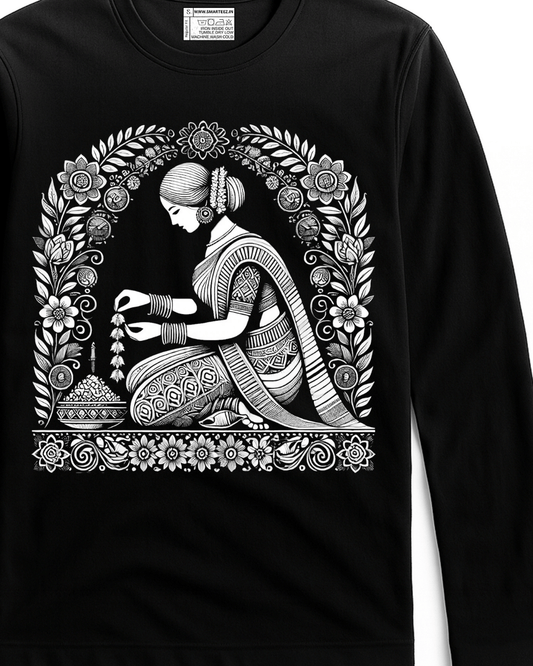 Malini Alpona Art T-shirt features intricate Bengali folk art of a woman creating Alpona, printed in white on a black full sleeves cotton tee. Unisex fit ideal for cultural fashion lovers.