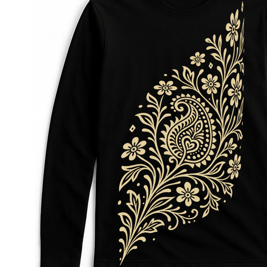 Alpona Grace Bengali full sleeve t-shirt in black with intricate floral Alpona design in beige. Unisex cotton tee celebrating Bengali tradition.