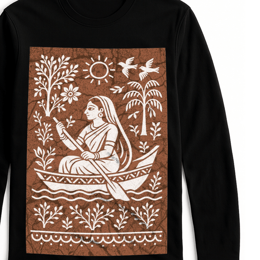 Bengali Boatwoman Shirt with batik-style folk art print on black full sleeves cotton T-shirt, featuring a woman rowing a boat in traditional design.