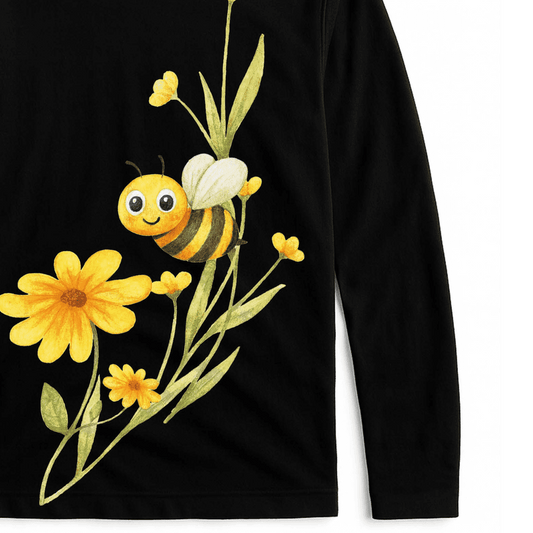 Close-up of Bloom & Bumblebee unisex cotton graphic full sleeves tshirt featuring vibrant bee and flower print on soft black fabric.