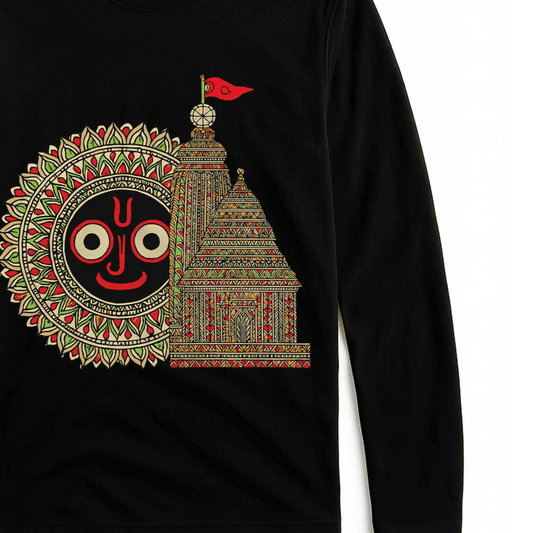 Puri Jagannath Temple T-Shirt - Full Sleeve features a vibrant heritage design with Lord Jagannath face and temple art, ideal for Rath Yatra fans.