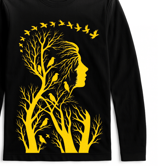 Nature Within T-Shirt - Unisex Graphic in black with yellow silhouette of woman, birds, and trees. 100% cotton full sleeves tee for artistic expression.