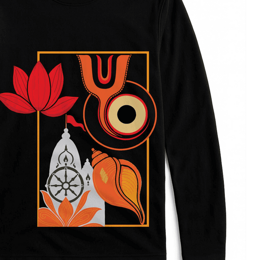 Jagannath Temple Tee - Religious Full Sleeve Tshirt with minimalist Puri Temple silhouette, lotus, shankha, and Rath Yatra flag on black fabric.