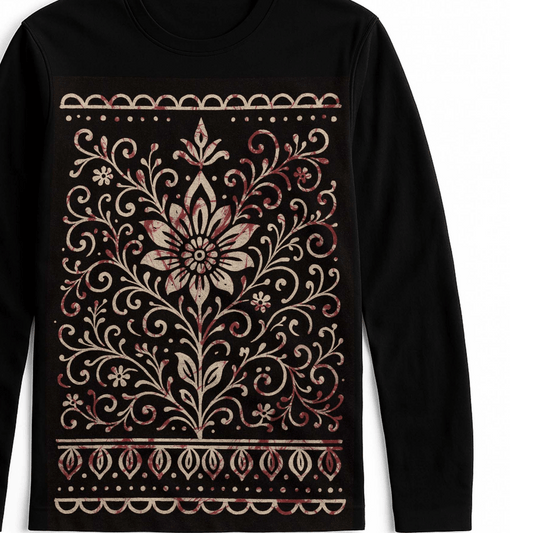 Bengali Alpona Art T-Shirt with intricate floral folk design in beige and maroon on black cotton fabric. Unisex full sleeves ethnic wear.