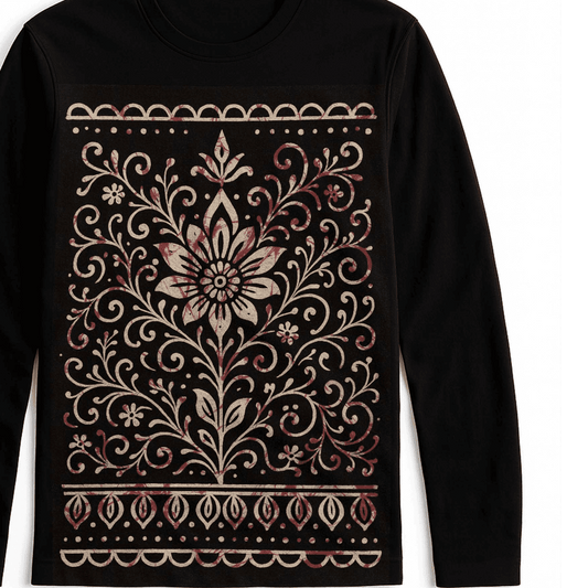 Bengali Alpona Art T-Shirt with intricate floral folk design in beige and maroon on black cotton fabric. Unisex full sleeves ethnic wear.