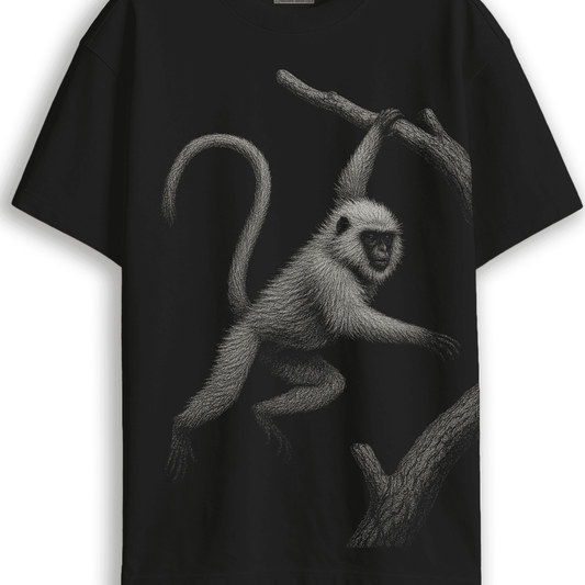 Close-up of Hanuman Langur T-Shirt - Animal T-Shirt | Wildlife design, Unisex with a realistic monkey illustration on soft black cotton fabric.