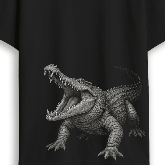 Close-up of Sundarbans Crocodile Animal Graphic T-Shirt showcasing intricate crocodile design, ideal for fans of Bengal wildlife and bold animal prints.