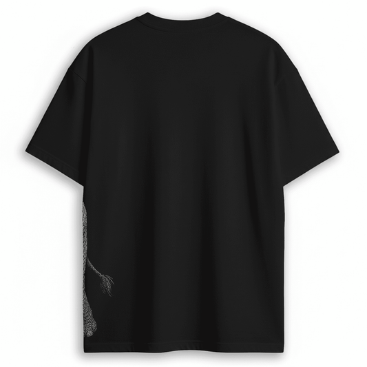 Back view of the Indian Elephant Graphic T-Shirt in black, showing minimal design with part of the elephant's tail wrapping around the side.