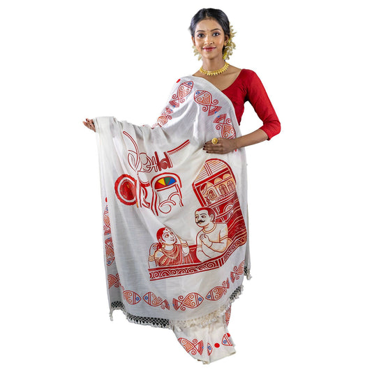 Model wearing Red and White Poila Baisakh Saree in Khadi Cotton - 16 Ana Bangali Saree .