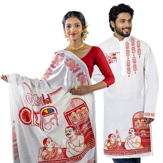Models wearing Poila Baisakh couple set Saree and Panjabi